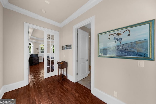 932 Shadowford Fls, Lithonia, GA 30058 - corridor featuring french doors, wood-type flooring, and ornamental molding
