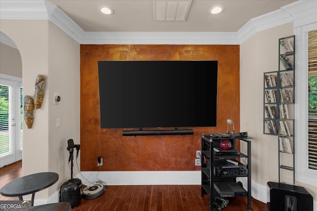 932 Shadowford Fls, Lithonia, GA 30058 - workout room featuring arched walkways, wood finished floors, crown molding, and recessed lighting