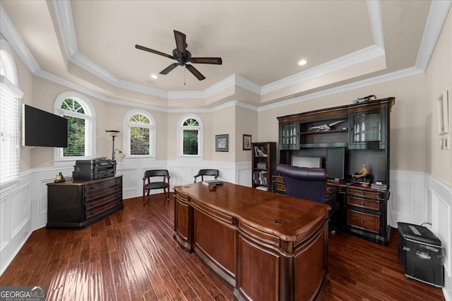 932 Shadowford Fls, Lithonia, GA 30058 - office area featuring a tray ceiling, a ceiling fan, a decorative wall, dark wood-type flooring, and wainscoting