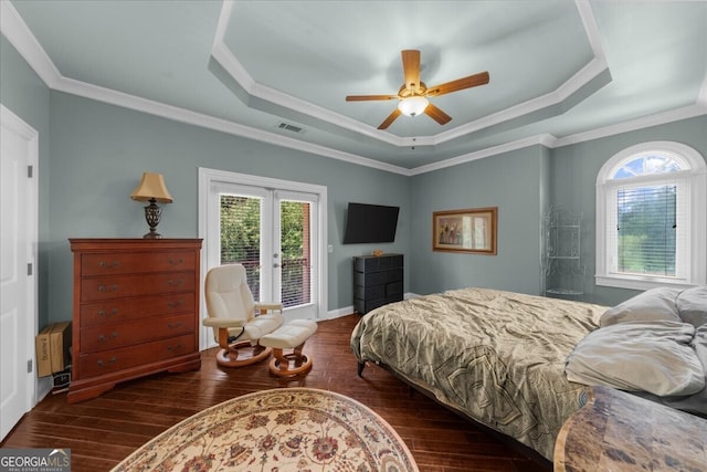 932 Shadowford Fls, Lithonia, GA 30058 - bedroom featuring a raised ceiling, hardwood / wood-style flooring, access to outside, and ornamental molding