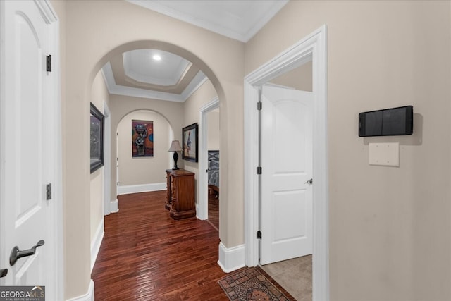 932 Shadowford Fls, Lithonia, GA 30058 - corridor with arched walkways, ornamental molding, and dark wood finished floors