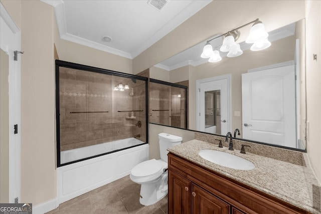 932 Shadowford Fls, Lithonia, GA 30058 - full bath featuring vanity, combined bath / shower with glass door, crown molding, and tile patterned flooring