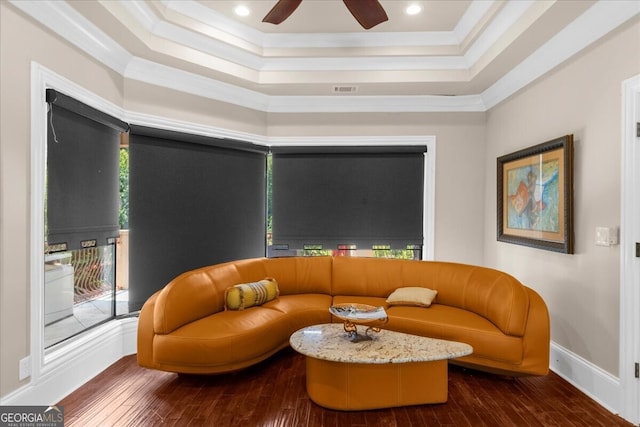 932 Shadowford Fls, Lithonia, GA 30058 - living area with a tray ceiling, crown molding, hardwood / wood-style flooring, ceiling fan, and recessed lighting