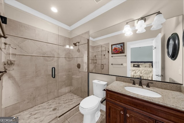 932 Shadowford Fls, Lithonia, GA 30058 - ensuite bathroom featuring a shower stall, crown molding, vanity, and tile patterned floors