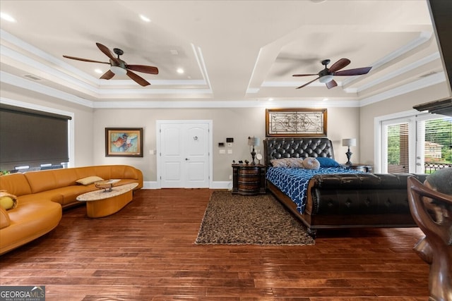 932 Shadowford Fls, Lithonia, GA 30058 - bedroom featuring access to outside, wood finished floors, ornamental molding, a tray ceiling, and recessed lighting