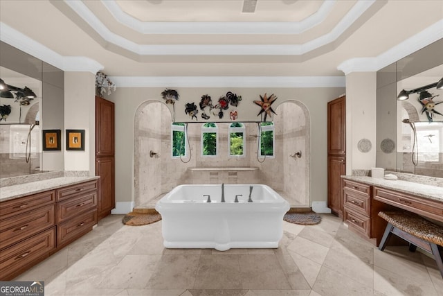 932 Shadowford Fls, Lithonia, GA 30058 - full bathroom featuring a tray ceiling, plenty of natural light, crown molding, and vanity