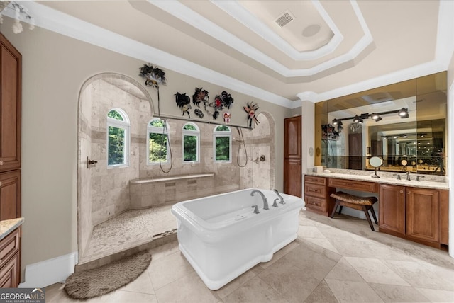932 Shadowford Fls, Lithonia, GA 30058 - full bath featuring vanity, a soaking tub, a tray ceiling, tiled shower, and crown molding