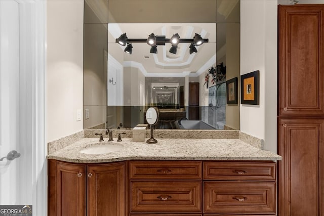932 Shadowford Fls, Lithonia, GA 30058 - bathroom with vanity, ornamental molding, and a chandelier