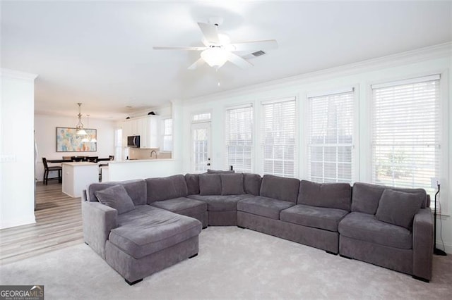 2516 Woolwich Ct, Acworth, GA 30101 - living area with crown molding, healthy amount of natural light, ceiling fan, and light wood-type flooring