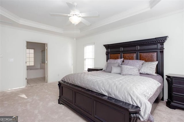 2516 Woolwich Ct, Acworth, GA 30101 - bedroom with light colored carpet, crown molding, a raised ceiling, ensuite bath, and ceiling fan