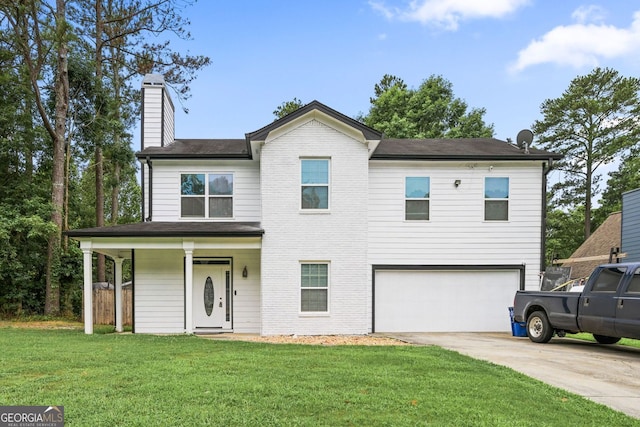 2670 Trotters Pointe Dr, Snellville, GA 30039 - view of front of house with a garage, a chimney, driveway, a front lawn, and covered porch