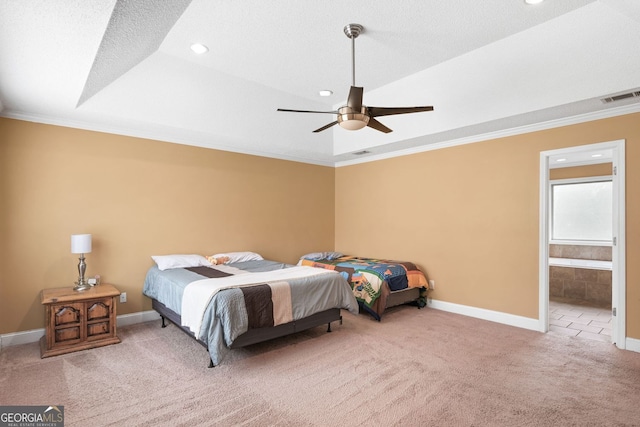 2670 Trotters Pointe Dr, Snellville, GA 30039 - carpeted bedroom featuring crown molding, recessed lighting, ceiling fan, ensuite bathroom, and a textured ceiling