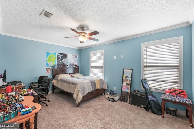 2670 Trotters Pointe Dr, Snellville, GA 30039 - carpeted bedroom featuring crown molding, a textured ceiling, and a ceiling fan