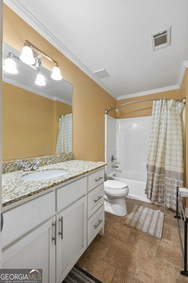 2670 Trotters Pointe Dr, Snellville, GA 30039 - full bathroom with vanity, shower / tub combo with curtain, and crown molding
