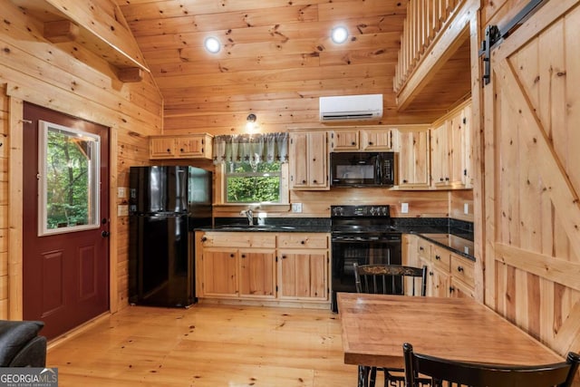 72 Bentley Cv, Murphy, NC 28960 - kitchen with black appliances, plenty of natural light, lofted ceiling, a wall unit AC, and wood ceiling