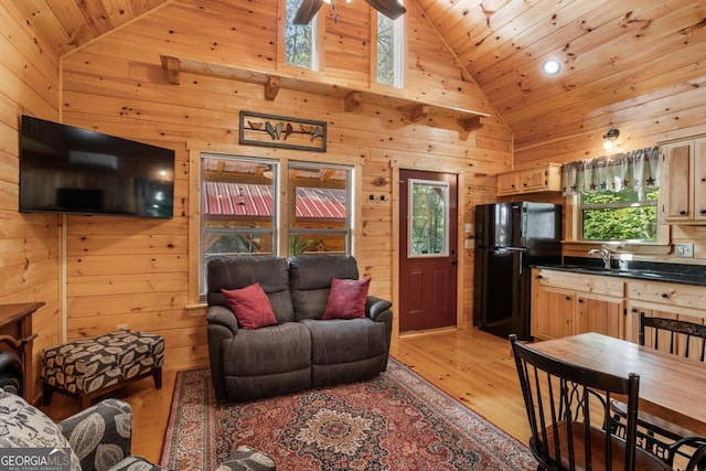 72 Bentley Cv, Murphy, NC 28960 - living area featuring wood ceiling, light wood-style flooring, wood walls, high vaulted ceiling, and recessed lighting
