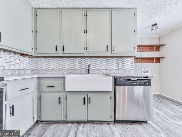 79 Hillside St, Nelson, GA 30151 - kitchen with dishwasher, light countertops, light wood-type flooring, backsplash, and open shelves