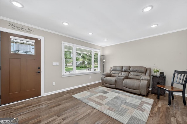 31 Willow St, East Ellijay, GA 30540 - living area with dark wood finished floors, plenty of natural light, ornamental molding, and recessed lighting