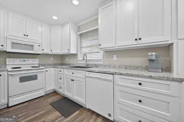 31 Willow St, East Ellijay, GA 30540 - kitchen with white appliances, white cabinets, recessed lighting, dark wood finished floors, and light stone counters