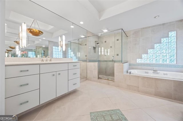 1416 Vernon Rdg, Close, Dunwoody, GA 30338 - full bath with vanity, a bath, tile patterned floors, a shower stall, and a raised ceiling