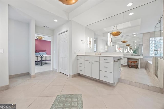 1416 Vernon Rdg, Close, Dunwoody, GA 30338 - ensuite bathroom featuring vanity, a stall shower, recessed lighting, tile patterned flooring, and a raised ceiling