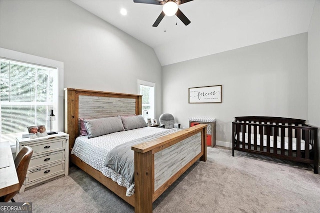 161 Fairway Cir, Macon, GA 31211 - bedroom with lofted ceiling, light colored carpet, and a ceiling fan