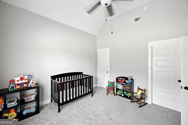 161 Fairway Cir, Macon, GA 31211 - carpeted bedroom with a nursery area, high vaulted ceiling, and ceiling fan