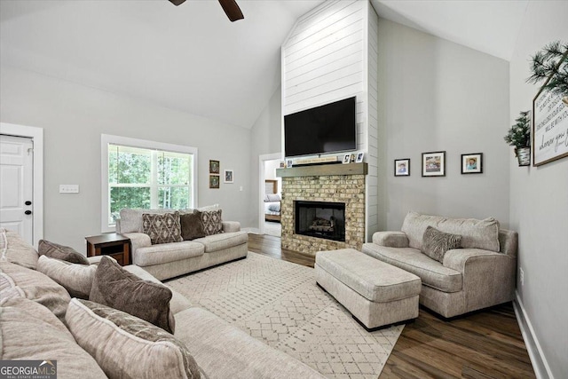 161 Fairway Cir, Macon, GA 31211 - living room featuring high vaulted ceiling, ceiling fan, wood finished floors, and a fireplace