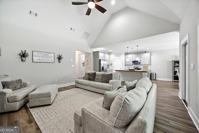 161 Fairway Cir, Macon, GA 31211 - living area featuring a ceiling fan, high vaulted ceiling, dark wood-style floors, and recessed lighting