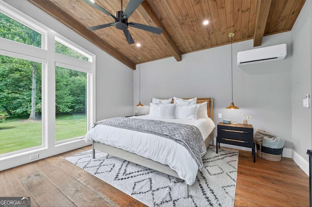 211 Rockhouse Rd, Cherry Log, GA 30522 - bedroom with wooden ceiling, an AC wall unit, recessed lighting, wood-type flooring, and a ceiling fan