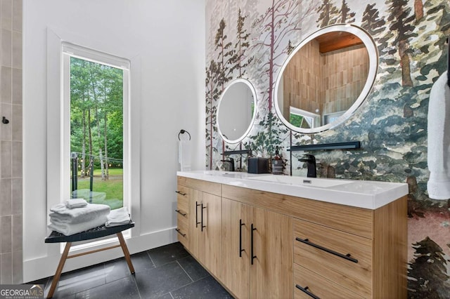 211 Rockhouse Rd, Cherry Log, GA 30522 - bathroom featuring wallpapered walls, double vanity, and tile patterned flooring