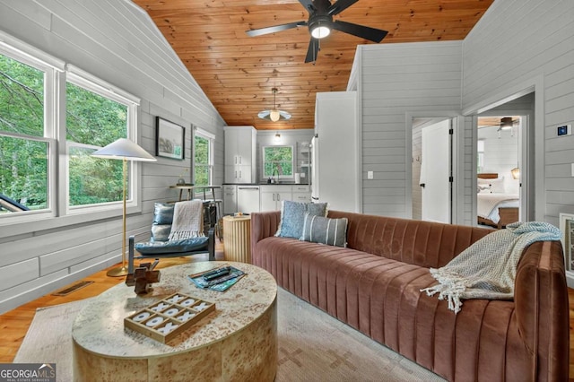 211 Rockhouse Rd, Cherry Log, GA 30522 - living room with vaulted ceiling, a ceiling fan, wooden walls, and wood ceiling