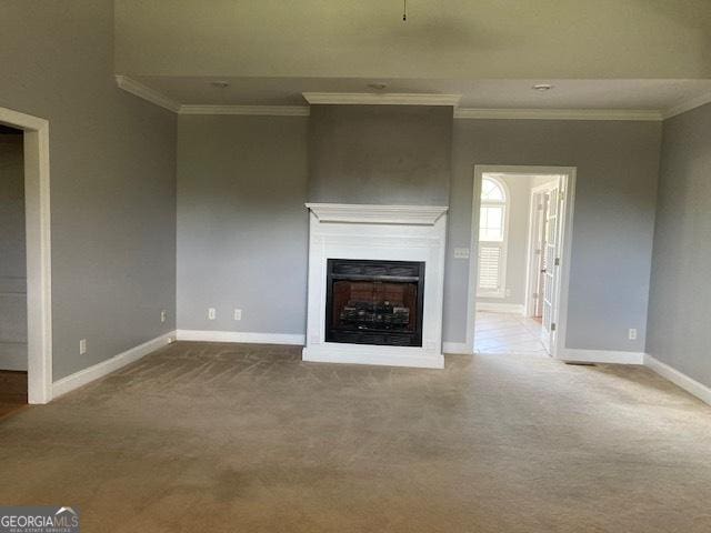 550 Masters Cir, Dublin, GA 31021 - unfurnished living room featuring carpet flooring, ornamental molding, and a fireplace with raised hearth