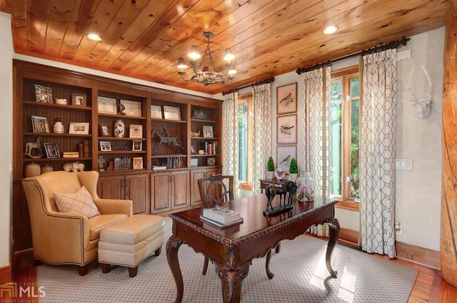 685 N Mcdonough Rd Unit 48.26/-, Acres, Griffin, GA 30223 - office area with plenty of natural light, a chandelier, wood finished floors, wooden ceiling, and recessed lighting