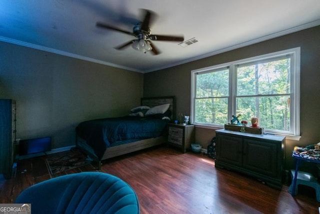 1025 Northridge Rd, Ball Ground, GA 30107 - bedroom featuring multiple windows, wood finished floors, ornamental molding, and a ceiling fan