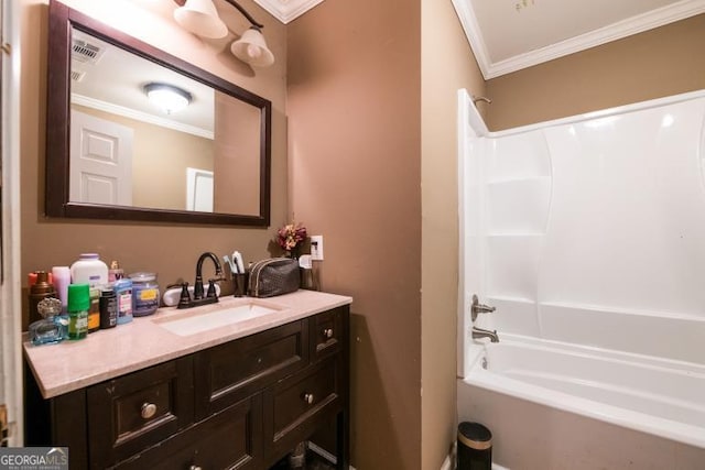 1025 Northridge Rd, Ball Ground, GA 30107 - bathroom featuring ornamental molding, vanity, and bathtub / shower combination