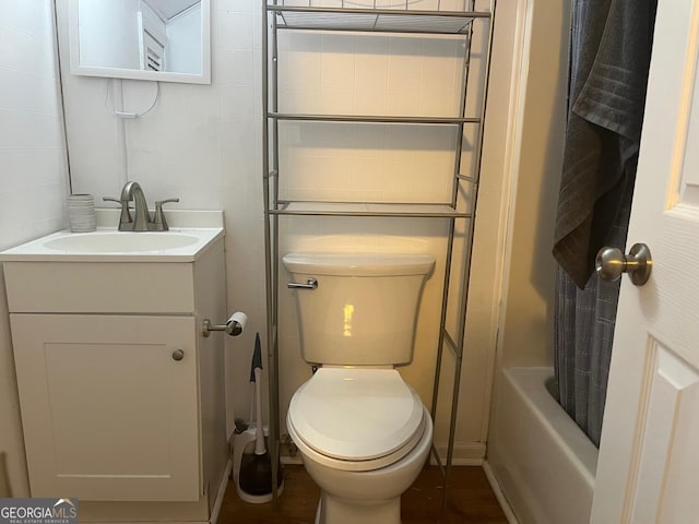 1025 Northridge Rd, Ball Ground, GA 30107 - bathroom with vanity, shower / bath combo with shower curtain, and tile walls