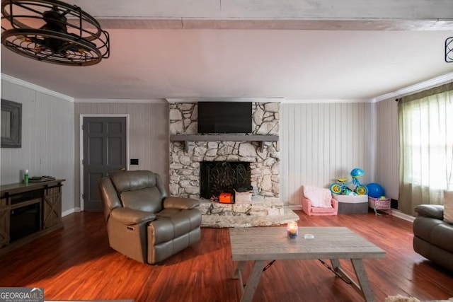 1025 Northridge Rd, Ball Ground, GA 30107 - living room with a fireplace, ornamental molding, and wood finished floors