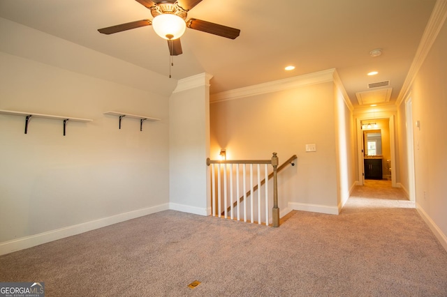 776 Fleeting Way, Monroe, GA 30655 - spare room with crown molding, carpet flooring, a ceiling fan, attic access, and recessed lighting