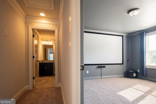 776 Fleeting Way, Monroe, GA 30655 - carpeted home theater room featuring ornamental molding and baseboards