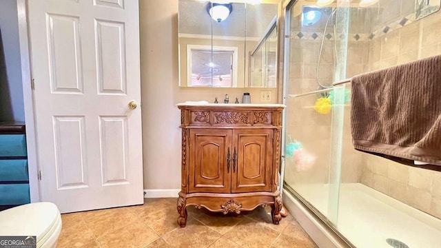 6 River St SW, Cave Spring, GA 30124 - bathroom featuring a stall shower, vanity, and tile patterned flooring