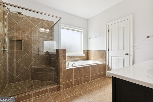 416 Fairway Dr, Acworth, GA 30101 - bathroom with a stall shower, a bath, vanity, and tile patterned floors