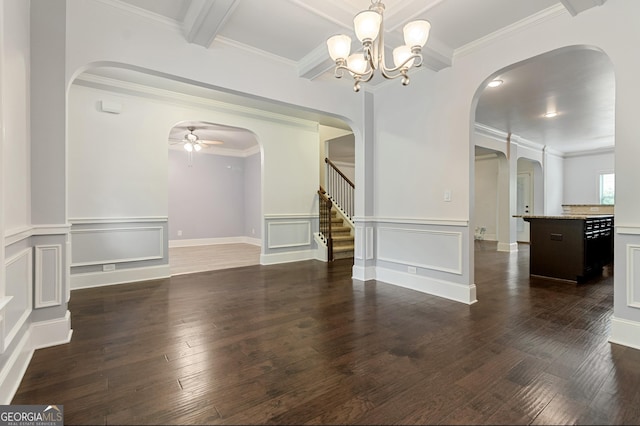 416 Fairway Dr, Acworth, GA 30101 - unfurnished dining area with arched walkways, stairs, dark wood-style floors, a ceiling fan, and a wainscoted wall