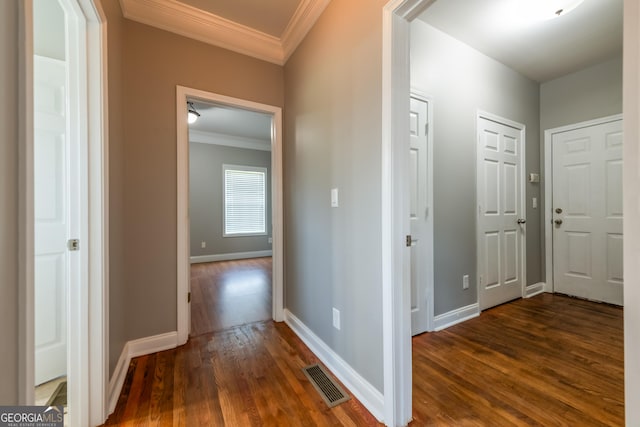 4311 Hampton Mill Pkwy, Douglasville, GA 30135 - hallway with ornamental molding and dark wood-type flooring