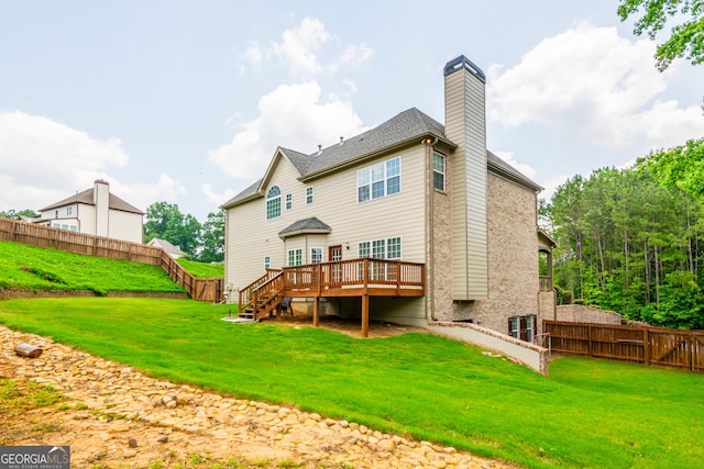 4311 Hampton Mill Pkwy, Douglasville, GA 30135 - rear view of house featuring a wooden deck, stairs, and a chimney