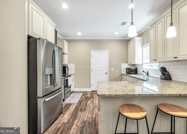 230 Thorpe Rd, Jackson, GA 30233 - kitchen featuring stainless steel appliances, dark wood finished floors, a peninsula, light stone countertops, and tasteful backsplash