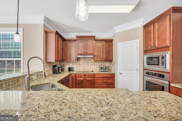 204 Carmell Ct, Mcdonough, GA 30252 - kitchen featuring stainless steel appliances, ornamental molding, light stone counters, under cabinet range hood, and tasteful backsplash