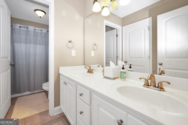 204 Carmell Ct, Mcdonough, GA 30252 - full bathroom featuring double vanity, a chandelier, and curtained shower