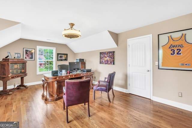 204 Carmell Ct, Mcdonough, GA 30252 - office area featuring light wood-style floors and vaulted ceiling