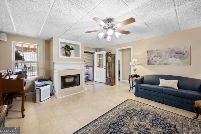 3076 Harris Mill Ct, Duluth, GA 30096 - living room featuring a ceiling fan, a high end fireplace, and an AC wall unit